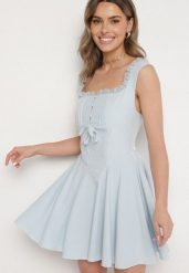 Niebieska Rozkloszowana Sukienka Vices w Rustykalnym Stylu z Wiązaniem Gorsetowym Foliora. Niebieskie sukienki damskie Born2be, bez wzorów, eleganckie, bez ramiączek. W wyprzedaży za 101.99 zł.