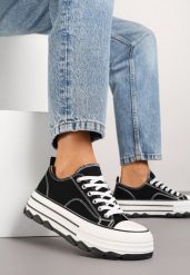 Czarne Trampki na Platformie z Paskami i Niską Cholewką Zienelle. Czarne trampki damskie Renee, bez wzorów, z jeansu, przed kostkę, bez zapięcia. Za 74.99 zł.