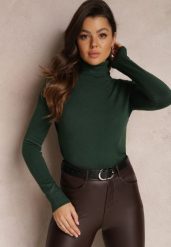 Ciemnozielony Golf Dopasowany Ungase. Zielone golfy damskie Renee, bez wzorów, z jeansu, bez ramiączek. Za 39.99 zł.