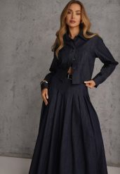 Granatowy Komplet z Bawełniano-Wiskozowej Imitacji Jeansu z Koszulą i Spódnicą z Paskiem Andaig. Niebieskie koszule damskie Renee, m, bez wzorów, z bawełny, eleganckie, bez kołnierzyka, bez ramiączek. Za 299.99 zł.