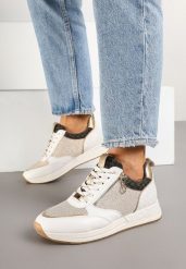Beżowo-Złote Sneakersy z Ozdobnym Suwakiem i Skórzaną Wkładką Hanviera. Brązowe obuwie sportowe damskie Born2be, z jeansu, bez zapięcia. Za 139.99 zł.
