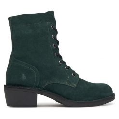 Botki Fly London. Zielone botki damskie Fly London, bez obcasa, na słupku, bez zapięcia. Za 749.99 zł.
