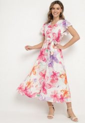 Fuksjowa Sukienka w Kwiaty o Kopertowym Kroju z Wiązanym Paskiem Redanae. Czerwone sukienki damskie Born2be, bez wzorów, eleganckie, bez ramiączek. Za 119.99 zł.