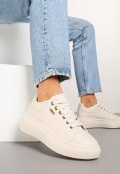 Beżowe Sneakersy na Niskim Koturnie Zdobione Metalicznymi Wstawkami Alirisa. Brązowe obuwie sportowe damskie Renee, z jeansu, bez zapięcia. Za 74.99 zł.