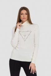 GUESS Biały damski golf Piper Triangle Logo. Białe golfy damskie Guess, s, z aplikacjami, z materiału, bez ramiączek. W wyprzedaży za 246.99 zł.