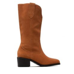 Kowbojki Simple. Brązowe kozaki damskie Simple, bez obcasa, na słupku, bez zapięcia. Za 549.00 zł.
