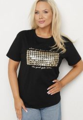 Czarny T-shirt Bawełniany Ozdobiony Cekinami Lirenell. Czarne t-shirty damskie Born2be, xl, bez wzorów, z bawełny, bez kołnierzyka. Za 39.99 zł.