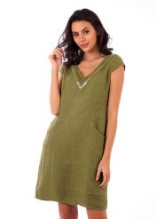 Lin Passion Lniana sukienka w kolorze khaki rozmiar: 38/40. Brązowe sukienki damskie Lin Passion, z aplikacjami, klasyczne, bez ramiączek. Za 130.99 zł.