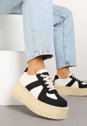 Czarno-Beżowe Sneakersy Typu Tenisówki na Żłobionej Platformie Lorreia. Czarne obuwie sportowe damskie Renee, bez wzorów, z jeansu, bez zapięcia. Za 89.99 zł.