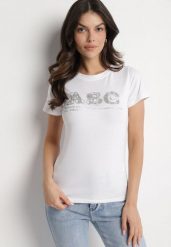 Biały T-shirt Bawełniany z Naszywką i Cekinami Olisaria. Białe t-shirty damskie Born2be, m, z aplikacjami, z bawełny, bez kołnierzyka. Za 34.99 zł.