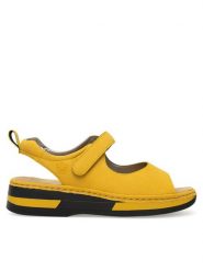 Rieker Sandały V59Q4-68 Żółty. Żółte sandały damskie Rieker, bez wzorów, z syntetyku, bez obcasa, na płaskiej podeszwie, bez zapięcia. Za 299.99 zł.