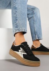 Czarne Sneakersy w Stylu Tenisówek Ozdobione Geometrycznym Wzorem Tolivanna. Czarne obuwie sportowe damskie Renee, z jeansu, bez zapięcia, tenisowe. Za 89.99 zł.