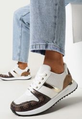 Białe Sznurowane Sneakersy przed Kostkę z Modnym Wzorem Helephne. Białe obuwie sportowe damskie Born2be, przed kostkę, bez zapięcia. Za 44.99 zł.