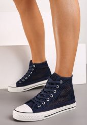 Granatowe Trampki z Wysoką Cholewką Ozdobione Perforacją Velagia. Niebieskie trampki damskie Born2be, bez wzorów, przed kolano, bez zapięcia. Za 19.99 zł.