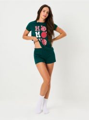 Bawełniana piżama dwuczęściowa z nadrukiem - zielony. Zielone piżamy damskie Sinsay, bez wzorów, z bawełny, bez ramiączek. Za 19.99 zł.