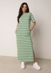 Biało-Zielona Pudełkowa Sukienka z Bawełny w Poziome Paski Diove. Białe sukienki damskie Born2be, bez wzorów, z bawełny, biznesowe, bez ramiączek. Za 89.99 zł.