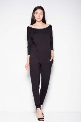 Czarny Komfortowy Kombinezon z Szerokim Dekoltem. Czarne kombinezony damskie Venaton, l, bez wzorów, z elastanu, eleganckie, bez kołnierzyka, bez ramiączek. Za 249.00 zł.