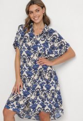 Granatowa Pudełkowa Sukienka Koszulowa z Wiskozy w Ornamentalny Print Vanisse. Niebieskie sukienki damskie Born2be, bez wzorów, z wiskozy, bez ramiączek. Za 89.99 zł.
