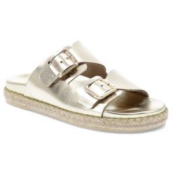 Klapki damskie Chebello, ze skóry naturalnej na platformie z klasycznymi klamrami, złote, S374-4650. Żółte klapki damskie CheBello, bez wzorów, z materiału, bez obcasa, na platformie, bez zapięcia. Za 419.00 zł.