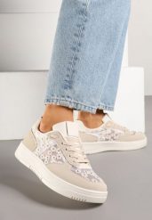 Beżowe Sneakersy z Siateczkowymi Wstawkami z Haftem Naloriva. Brązowe obuwie sportowe damskie Born2be, z jeansu, bez zapięcia. Za 79.99 zł.