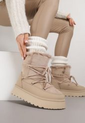 Ciemnobeżowe Śniegowce na Grubej Podeszwie z Futerkiem Alwedra. Brązowe śniegowce damskie Born2be, z jeansu. Za 119.99 zł.