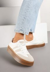 Beżowo-Białe Sneakersy Tenisówki Ozdobione Paskami Sovresia. Brązowe obuwie sportowe damskie Renee, bez zapięcia, tenisowe. Za 89.99 zł.