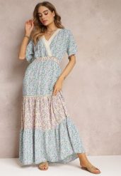Niebiesko-Miętowa Kopertowa Sukienka Maxi z Marszczoną Gumką w Pasie i Koronkową Taśmą Marea. Niebieskie sukienki damskie Renee, bez wzorów, z koronki, boho, bez ramiączek. W wyprzedaży za 83.99 zł.