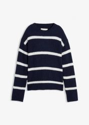 Sweter w paski. Brązowe swetry klasyczne damskie bonprix, bez kołnierzyka. Za 89.99 zł.