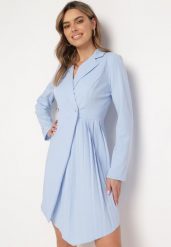 Jasnoniebieska Rozkloszowana Sukienka Mini z Kopertową Górą i Plisami na Dole Lontasa. Niebieskie sukienki damskie Born2be, bez wzorów, eleganckie, bez ramiączek. W wyprzedaży za 127.49 zł.
