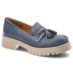 Granatowe Półbuty Maciejka Wygodne Skórzane Buty Damskie. Niebieskie półbuty damskie Maciejka, na wiosnę, z aplikacjami, z denimu, bez obcasa, na płaskiej podeszwie, bez zapięcia. Za 249.00 zł.