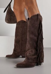 Ciemnobrązowe Kozaki Kowbojki na Obcasie z Wywiniętą Cholewką z Frędzlami Monasatia. Brązowe kozaki damskie Born2be, z dzianiny, bez obcasa, na obcasie, bez zapięcia. Za 179.99 zł.