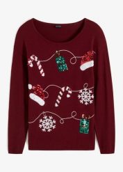 Cienki sweter. Czerwone swetry klasyczne damskie bonprix, bez kołnierzyka. Za 139.99 zł.
