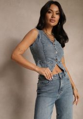 Niebieska Kamizelka Jeansowa z Bawełną Ozdobiona Imitacją Kieszeni Mailirisa. Niebieskie kamizelki damskie Renee, na lato, m, bez wzorów, z bawełny, bez kaptura. Za 39.99 zł.