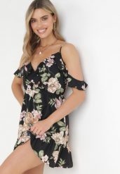 Czarna Rozkloszowana Sukienka Mini z Falbankami Soulis. Czarne sukienki damskie Born2be, bez wzorów, bez ramiączek. Za 129.99 zł.