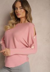 Ciemnoróżowy Sweter z Wiskozą Ozdobiony Wycięciami na Rękawach Evathia. Czerwone swetry klasyczne damskie Renee, z jeansu, bez kołnierzyka. Za 79.99 zł.