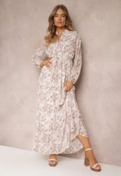 Biała Sukienka Maxi w Kwiaty ze Sznurkiem w Pasie Marili. Białe sukienki damskie Renee, z aplikacjami, bez ramiączek. W wyprzedaży za 111.99 zł.