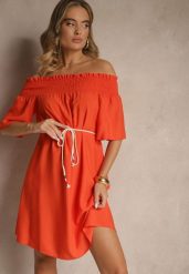 Pomarańczowa Sukienka Hiszpanka z Bawełną i Wiskozą Ozdobiona Sznurkiem Lilarelle. Brązowe sukienki damskie Renee, bez wzorów, z bawełny, eleganckie, bez ramiączek. W wyprzedaży za 47.99 zł.