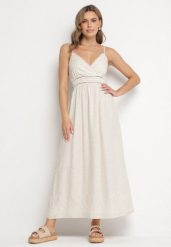 Beżowa Rozkloszowana Sukienka z Wiskozy i Lnu z Haftem w Stylu Boho Daniris. Brązowe sukienki damskie Born2be, bez wzorów, z wiskozy, boho, bez ramiączek. Za 179.99 zł.