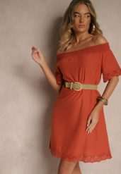 Pomarańczowa Sukienka o Kroju Hiszpanki z Bawełny z Ażurowymi Zdobieniami Filviana. Brązowe sukienki damskie Renee, z aplikacjami, z bawełny, eleganckie, bez ramiączek. Za 69.99 zł.