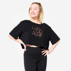 Koszulka do tańca modern jazz damska Starever crop top. Czarne bluzki damskie DOMYOS, l, bez wzorów, z elastanu, bez kołnierzyka, bez ramiączek. Za 59.99 zł.