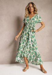 Zielona Rozkloszowana Sukienka z Wiskozy z Gumką w Pasie i Materiałowym Paskiem Vikllia. Zielone sukienki damskie Renee, bez wzorów, z materiału, eleganckie, bez ramiączek. W wyprzedaży za 83.99 zł.