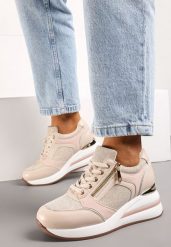 Beżowe Sneakersy na Koturnie przed Kostkę z Ozdobnym Suwakiem i Metalicznym Akcentem Tivian. Brązowe obuwie sportowe damskie Born2be, z jeansu, przed kostkę, bez zapięcia. Za 169.99 zł.