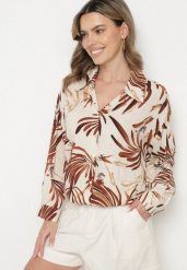 Beżowo-Brązowa Koszula z Wiskozy z Lnem w Abstrakcyjny Wzór Separelle. Brązowe koszule damskie Born2be, s, z aplikacjami, z wiskozy, eleganckie, bez kołnierzyka, bez ramiączek. Za 64.99 zł.