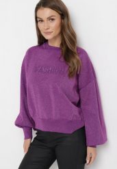 Fioletowy Sweter o Klasycznym Fasonie z Metaliczną Nicią Auliana. Fioletowe swetry klasyczne damskie Born2be, bez kołnierzyka. Za 129.99 zł.