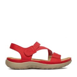 Sandały Rieker. Czerwone sandały damskie Rieker, bez wzorów, bez obcasa, na płaskiej podeszwie, bez zapięcia. Za 319.99 zł.