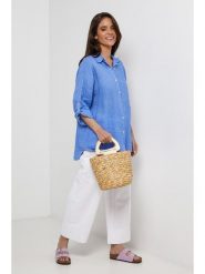 Lin Passion Lniana koszula w kolorze niebieskim rozmiar: 34/36. Niebieskie koszule damskie Lin Passion, bez wzorów, z koronki, klasyczne, bez kołnierzyka, bez ramiączek. Za 143.99 zł.