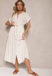 Jasnobeżowa Bawełniana Sukienka Koszulowa z Wiązanym Paskiem i Krótkim Rękawem Elannoria. Brązowe sukienki damskie Renee, bez wzorów, z bawełny, eleganckie, bez ramiączek. W wyprzedaży za 89.99 zł.