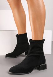 Czarne Botki na Słupku z Brokatem Ozdobione Metalicznym Wykończeniem Irialan. Czarne botki damskie Renee, z jeansu, eleganckie, bez obcasa, na obcasie, bez zapięcia. Za 119.99 zł.