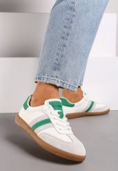 Biało-Zielone Sneakersy ze Skóry Naturalnej na Płaskiej Podeszwie Wykończone Paskami Navinda. Białe obuwie sportowe damskie Renee, z jeansu, bez zapięcia. Za 159.99 zł.