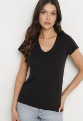 Czarny T-shirt z Bawełny z Dekoltem w Serek Liniviela. Czarne t-shirty damskie Born2be, l, bez wzorów, z bawełny, bez kołnierzyka. Za 39.99 zł.